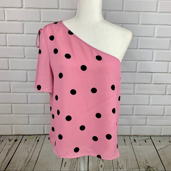 🔥BAR III🔥One Shoulder Pink Polka Dot Top Blouse XS NWT - Picture 2 of 5